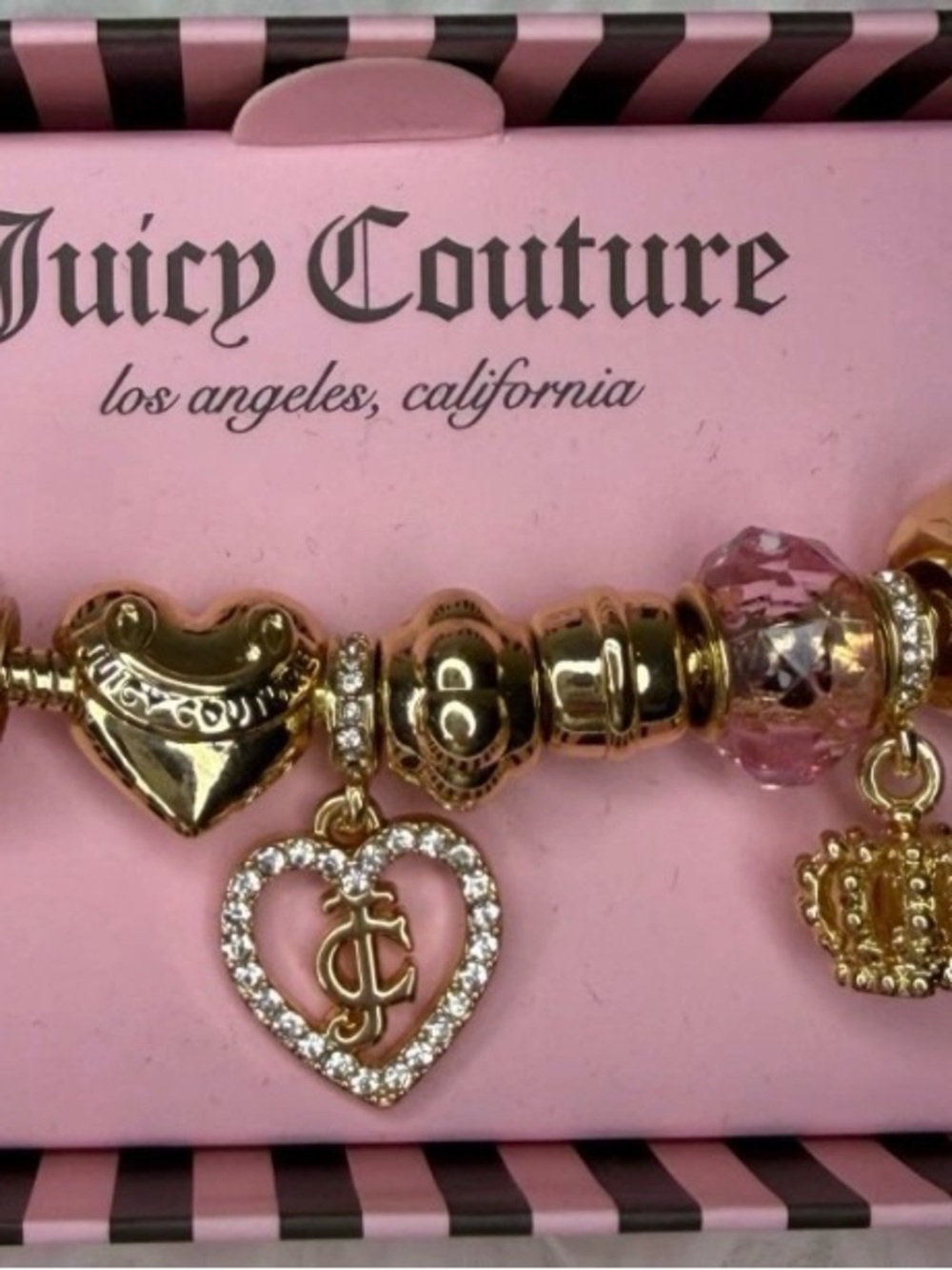 V! Juicy Couture Bracelet Heritage Gold Color Charm Pink Hearts Crown Jewelry